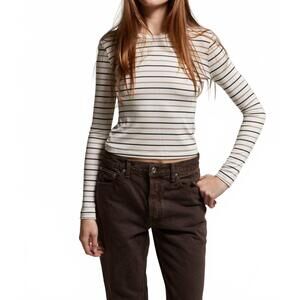 NEW ASHER libby striped long sleeve top in white brown stripe